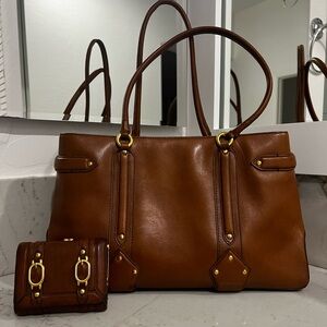 Cole Haan Brown Leather Vintage Purse w/gold Accents W/ Matching Wallet